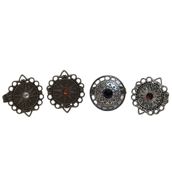 Medallion Napkin Rings Set of 4 Pewter‎ Bronze Tone Faux Gem Steampunk Starburst - Picture 1 of 6